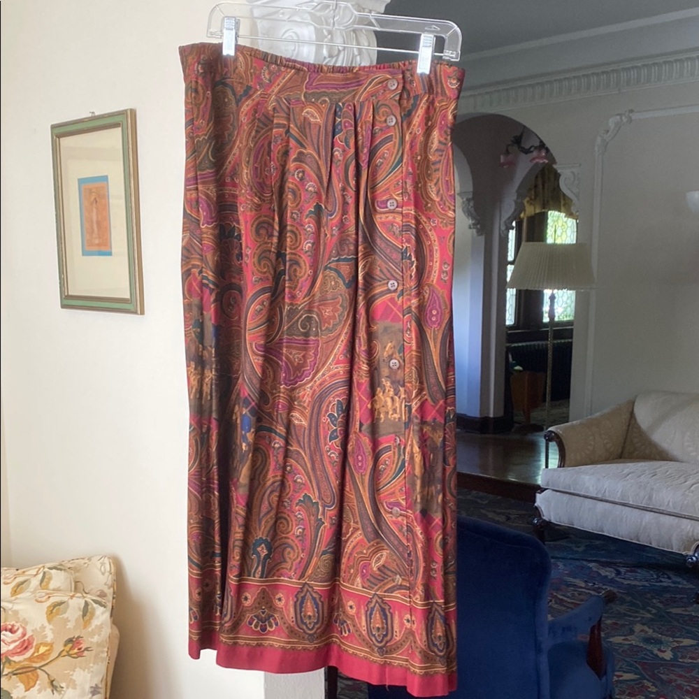 Carroll Reed Brown, Red, & Gold Equestrian Hunt Scene Paisley Print Skirt 16